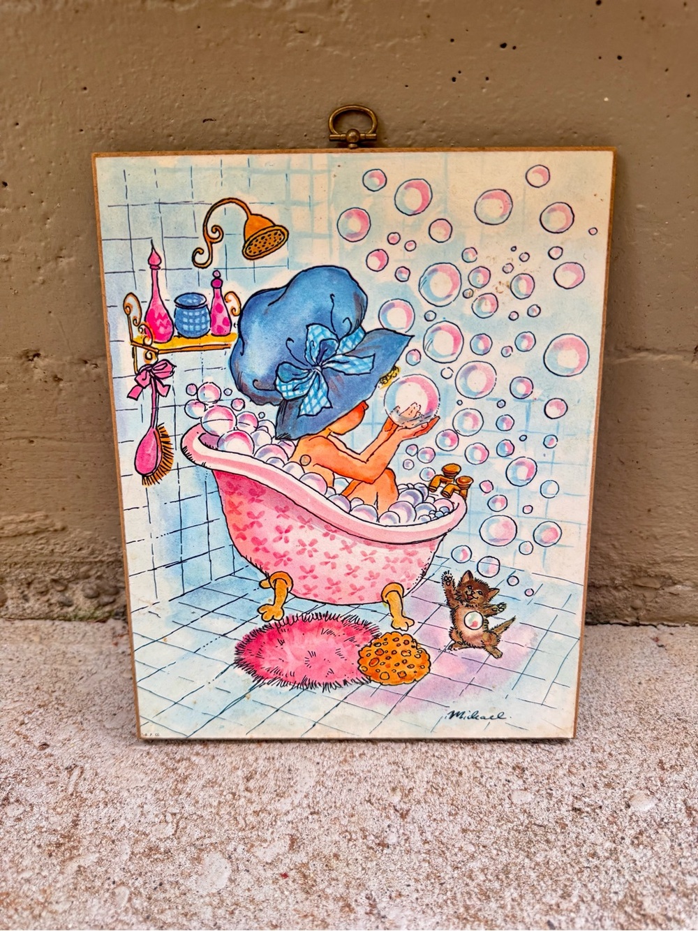 Bubble bath with Cat Wood Wall Plaque Vintage